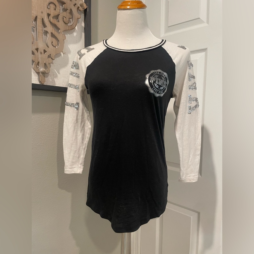 Pink Victoria's Secret Silver Sequin Baseball Tee Shirt Top Size Extra Small
